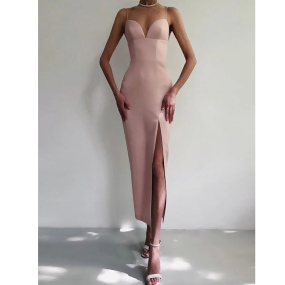 NEW! DESIGNER BEIGE BANDAGE DRESS ELEGANT COUTURE DRESS THIGH SLIT THIN STRAPS - Picture 6 of 6